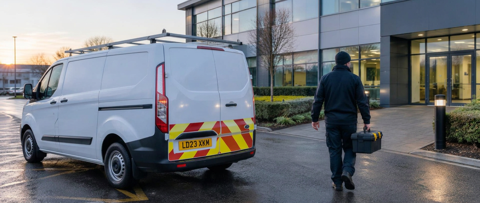 Facilities management engineer arriving at a client building