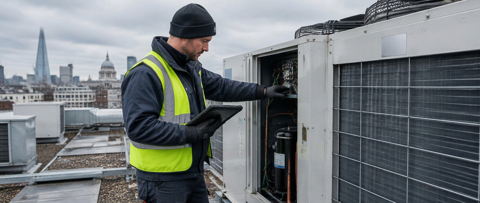 HVAC engineer servicing a rooftop unit in London