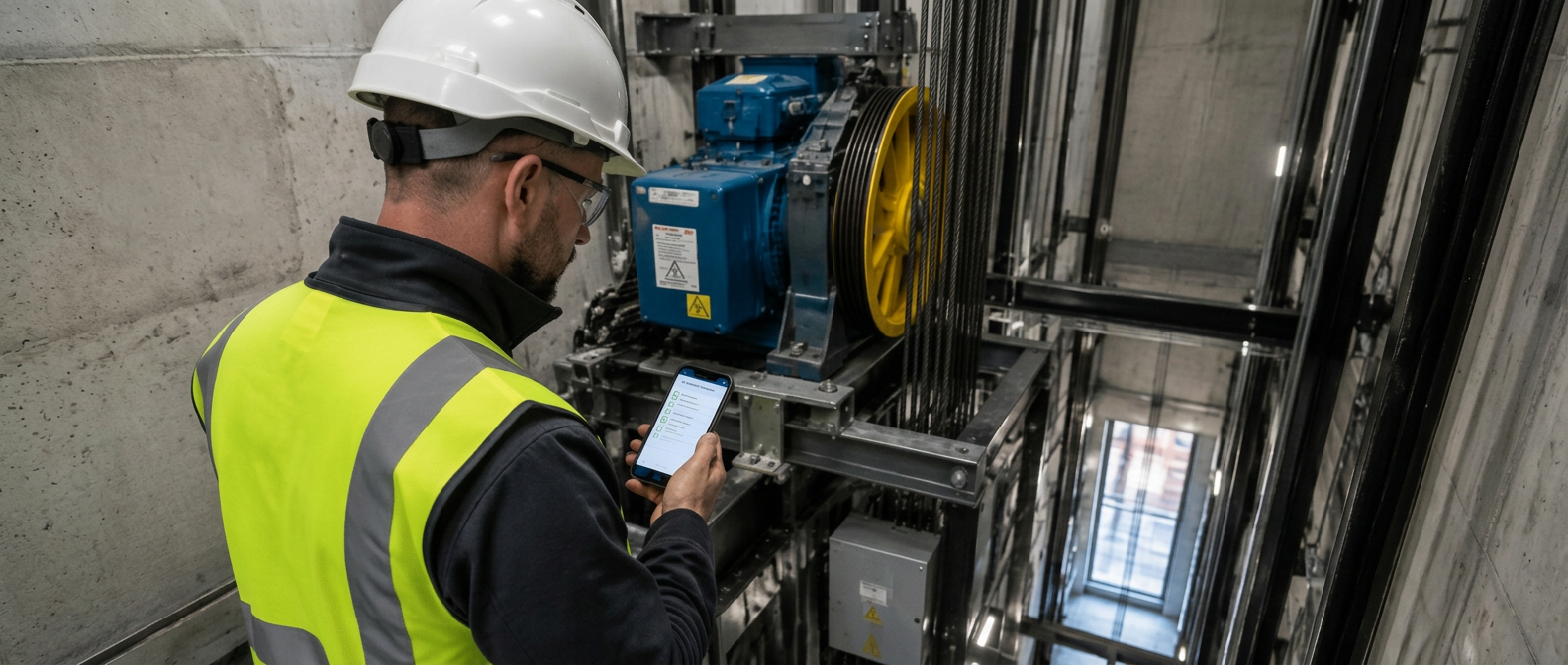 Lift engineer completing an inspection checklist