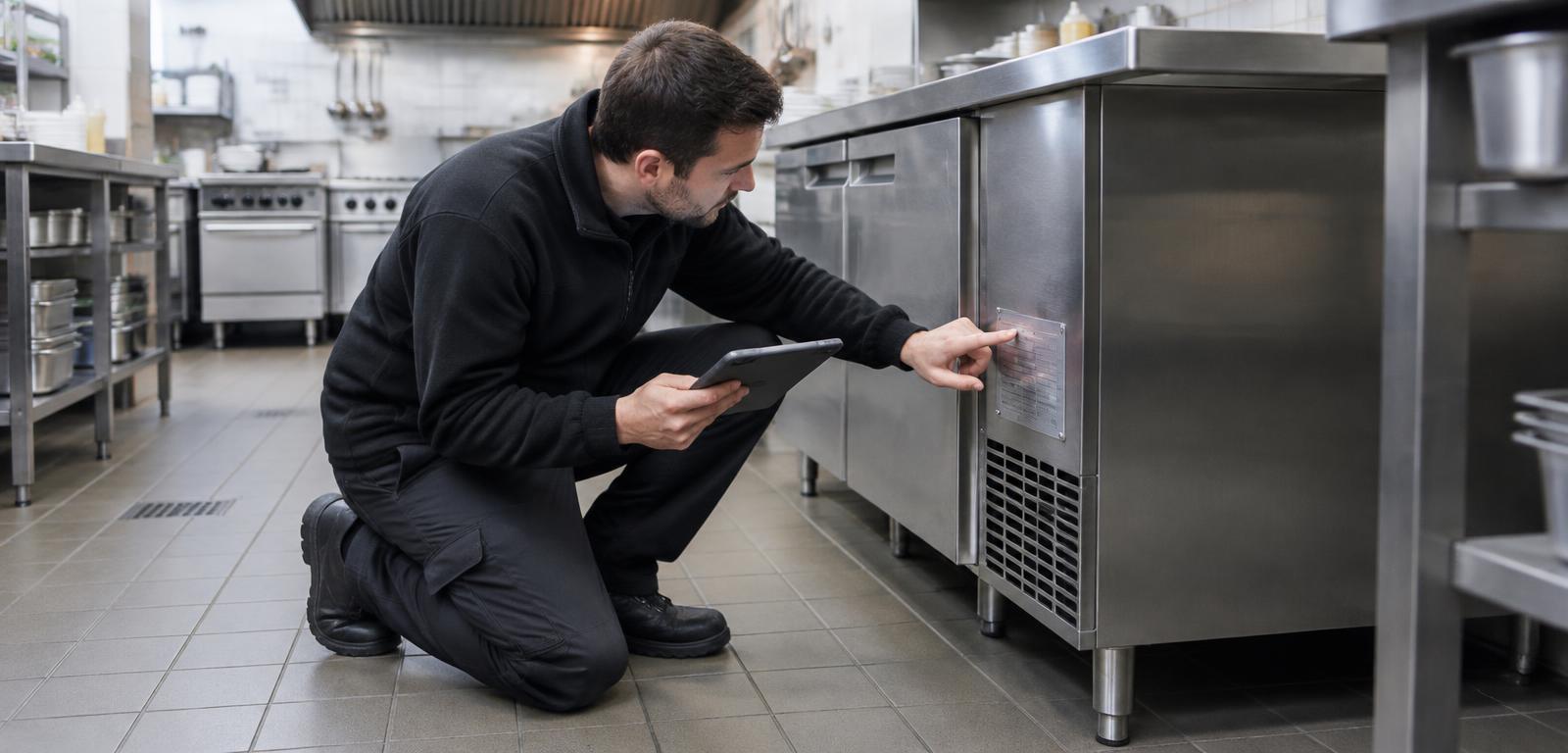 Service engineer checking the serial plate of a commercial kitchen unit